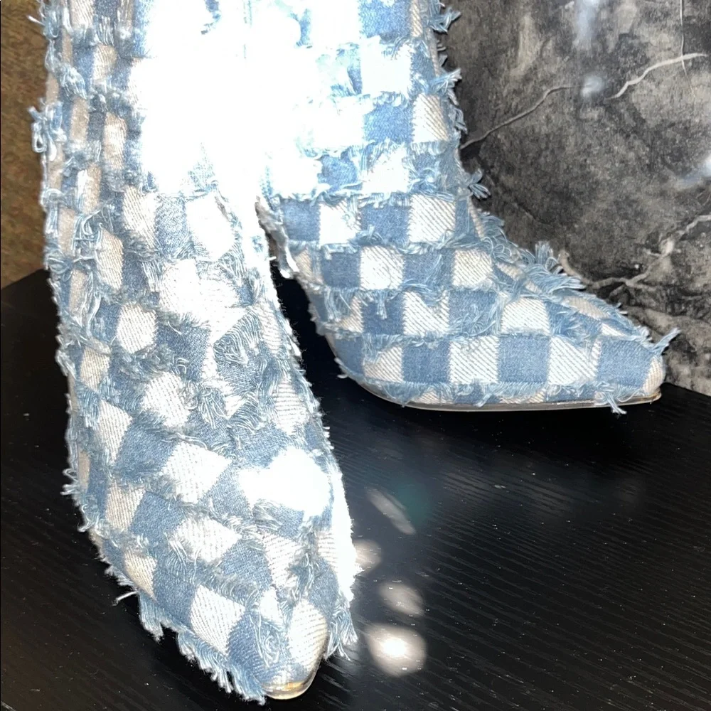 Blue and White Checkered Knee-High Boots - Picture 7 of 8